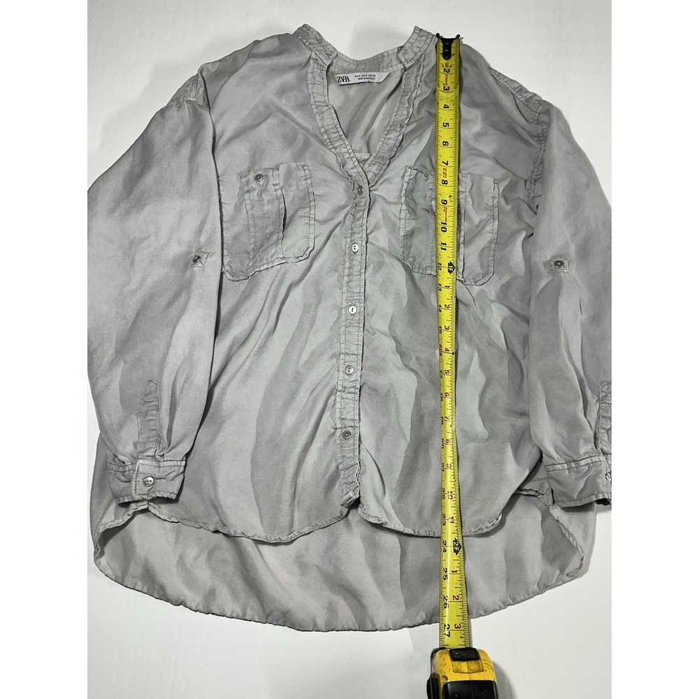 Zara Womens Causal Gray Button Up Shirt Roll Tab Sleeve Pockets Size Small - Picture 6 of 10
